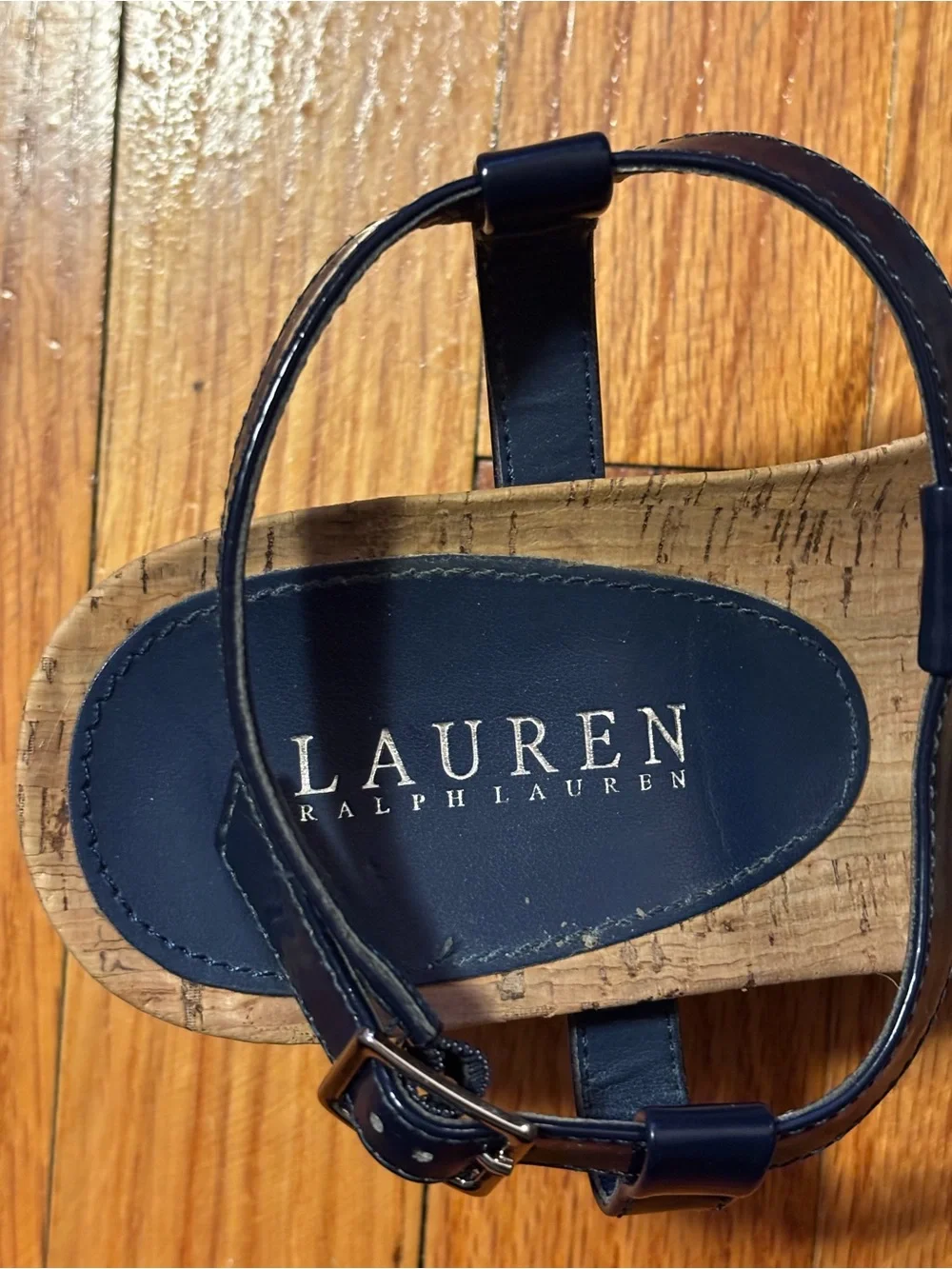 Lauren Ralph Lauren Rosalia Navy Patent Wedge Sandals Cork Footbed Size 9B